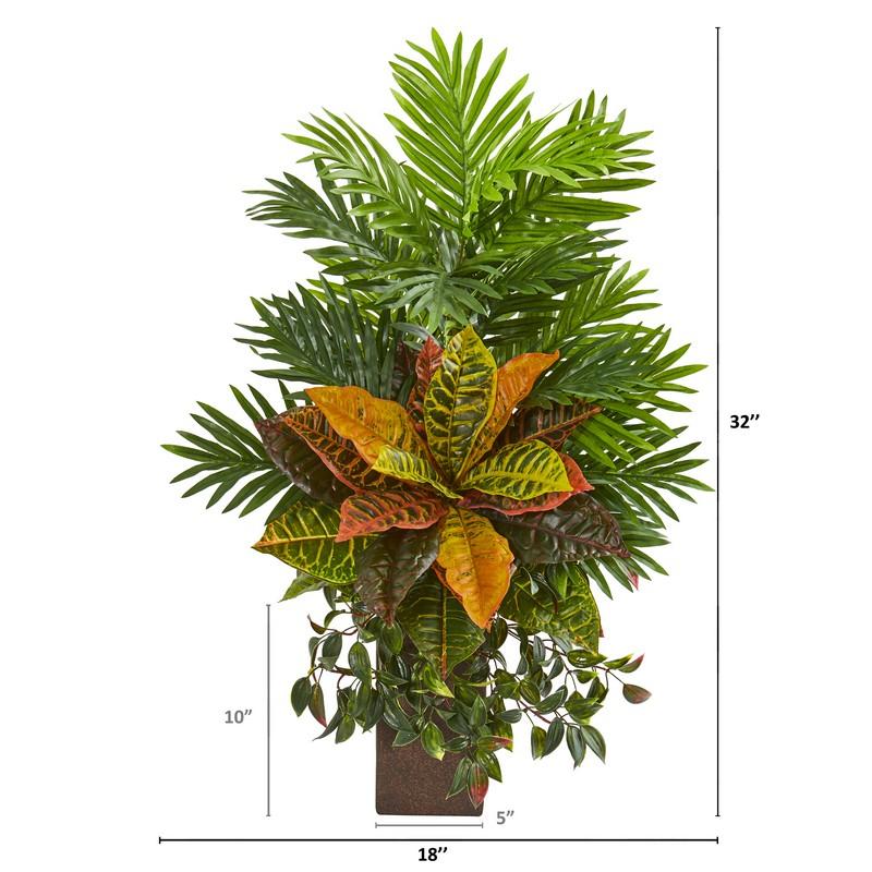 32" Areca Palm and Croton Artificial Plant in Weathered Vase