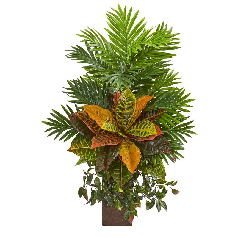 32" Areca Palm and Croton Artificial Plant in Weathered Vase