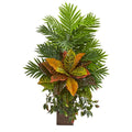 32" Areca Palm and Croton Artificial Plant in Weathered Vase