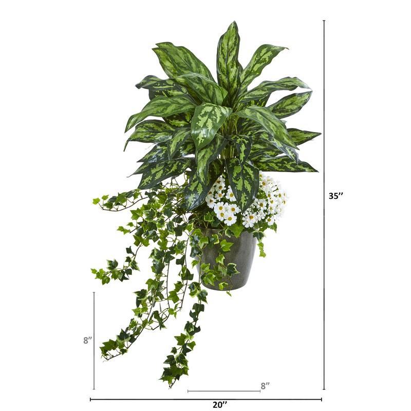 35" Silver King, Ivy and Daisy Artificial Plant in Decorative Planter