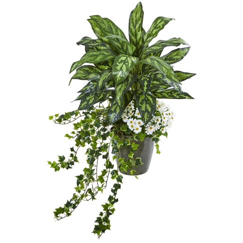 35" Silver King, Ivy and Daisy Artificial Plant in Decorative Planter