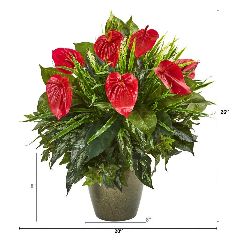 26" Mixed Anthurium Artificial Plant in Green Planter