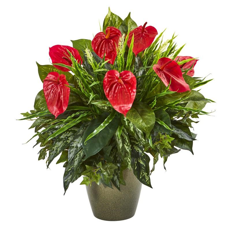 26" Mixed Anthurium Artificial Plant in Green Planter