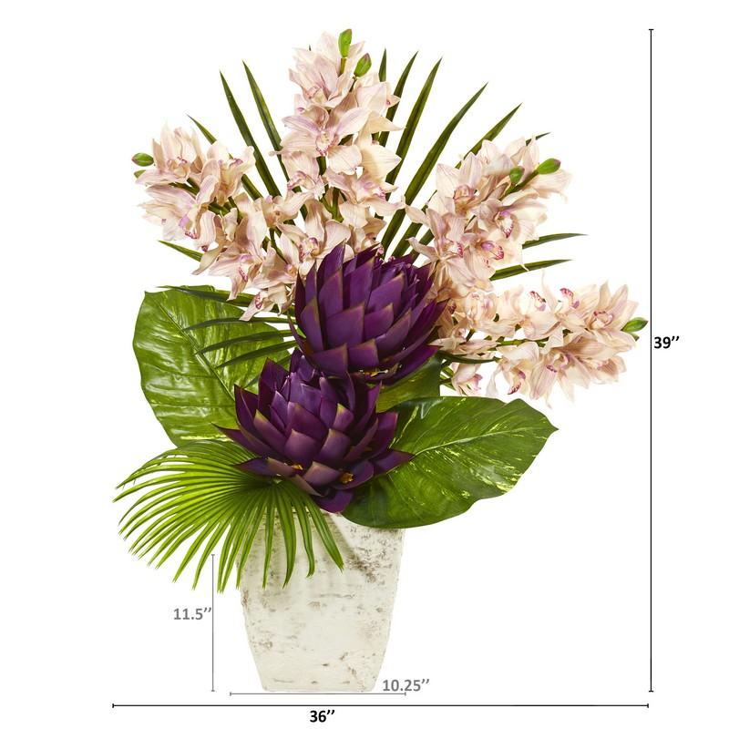 39" Cymbidium Orchid, Musella, Fan Palm and Pothos Leaf Artificial Plant