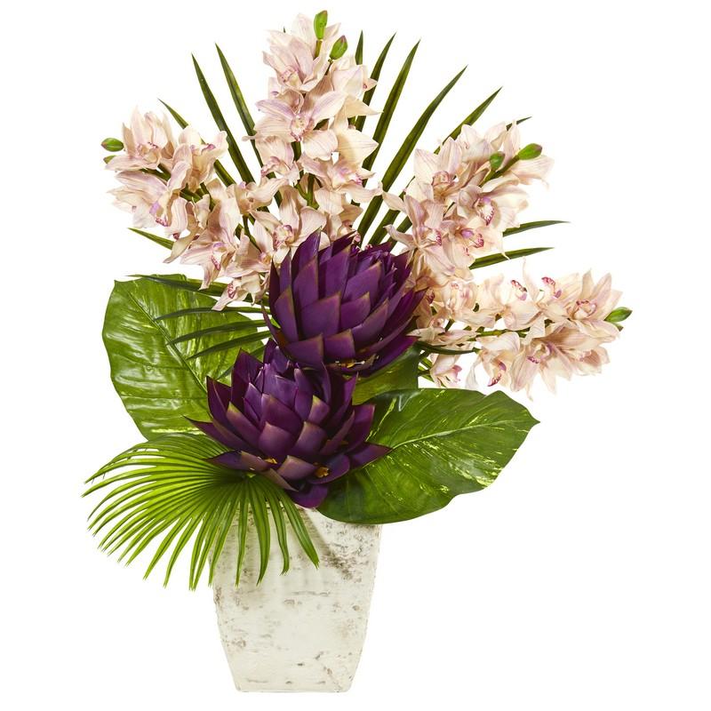 39" Cymbidium Orchid, Musella, Fan Palm and Pothos Leaf Artificial Plant