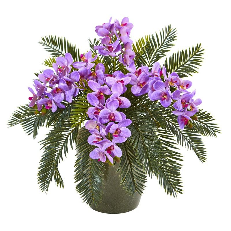 16" Phalaenopsis Orchid and Cycas Artificial Plant in Decorative Planter