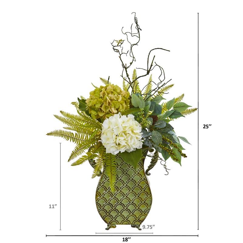 25" Hydrangea, Ficus, and Fern Artificial Plant in Metal Planter