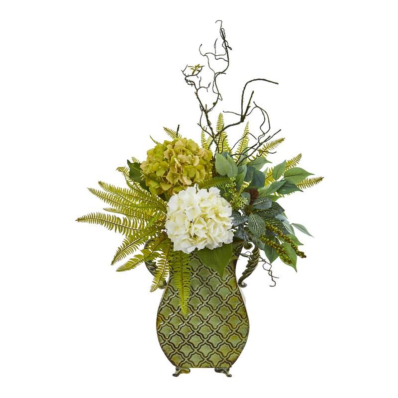 25" Hydrangea, Ficus, and Fern Artificial Plant in Metal Planter