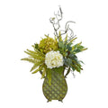 25" Hydrangea, Ficus, and Fern Artificial Plant in Metal Planter