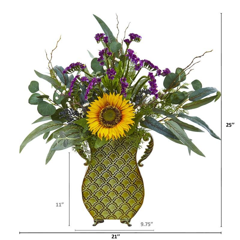 25" Sunflower, Eucalyptus and Berries Artificial Plant in Metal Planter