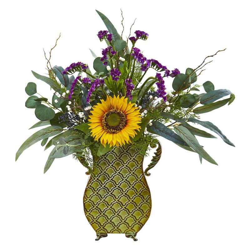 25" Sunflower, Eucalyptus and Berries Artificial Plant in Metal Planter