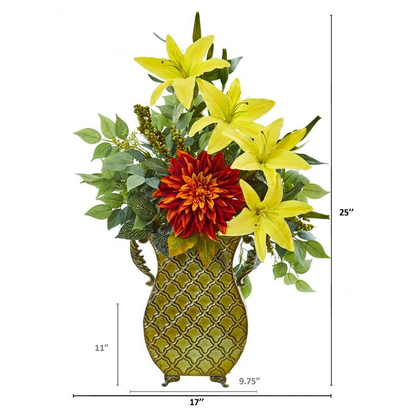 25" Dahlia, Lily and Ficus Artificial Plant in Metal Planter