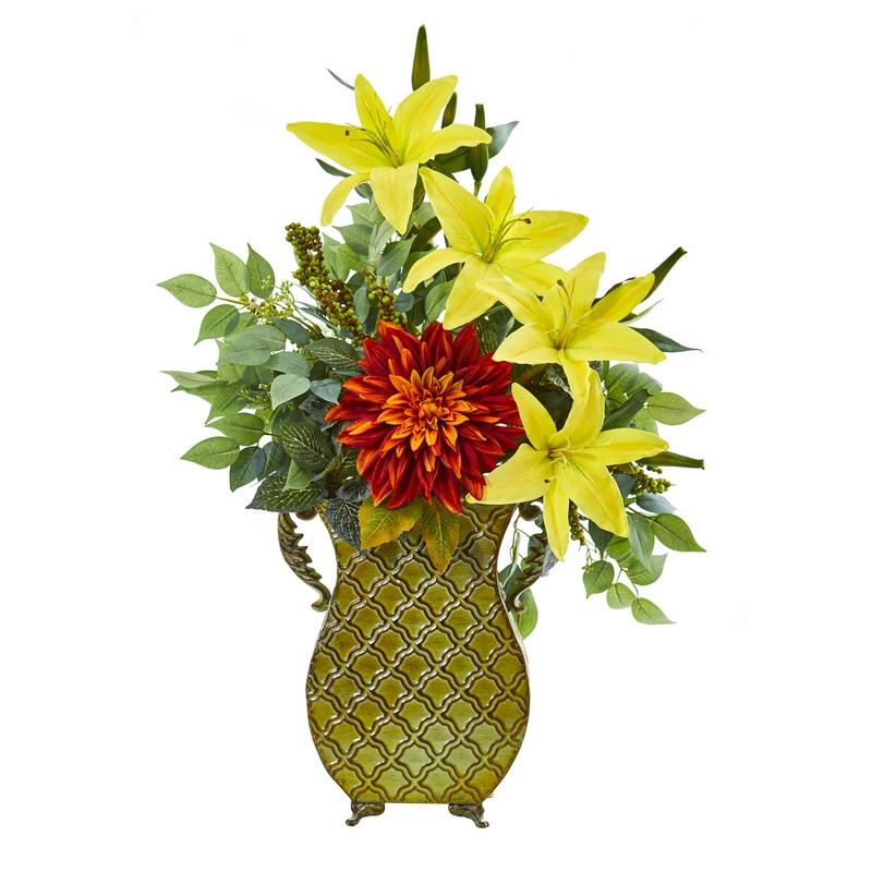 25" Dahlia, Lily and Ficus Artificial Plant in Metal Planter