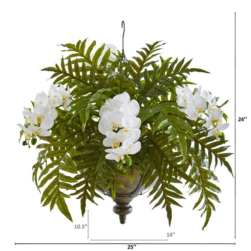 Phalaenopsis Orchid and Fern Artificial Plant in Metal Hanging Bowl