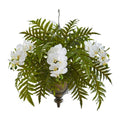 Phalaenopsis Orchid and Fern Artificial Plant in Metal Hanging Bowl