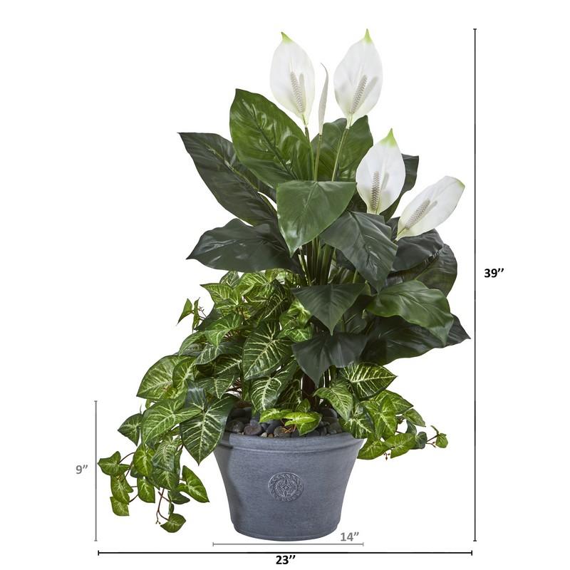 39" Spathifyllum and Nepthytis Artificial Plant in Gray Planter