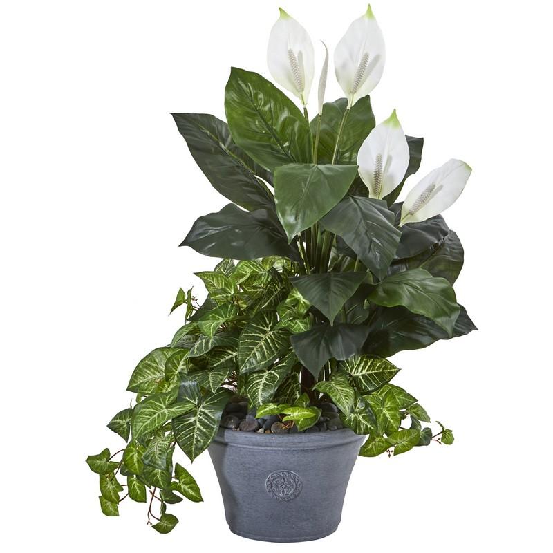 39" Spathifyllum and Nepthytis Artificial Plant in Gray Planter