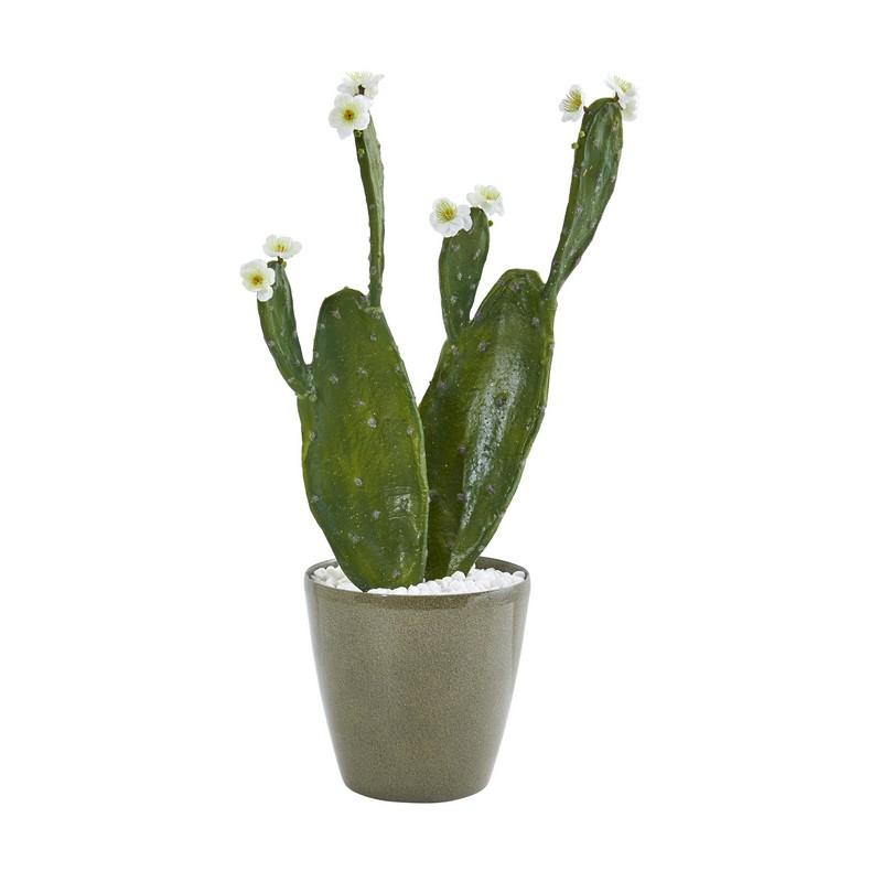 25" Flowering Cactus Artificial Plant in Green Planter