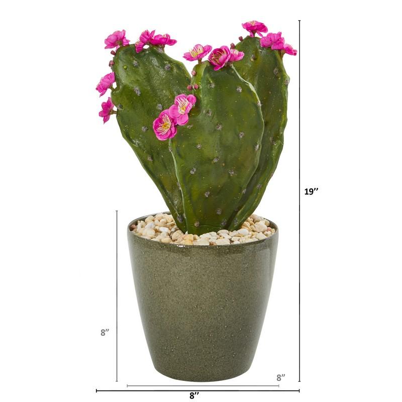 19" Flowering Cactus Artificial Plant in Green Planter