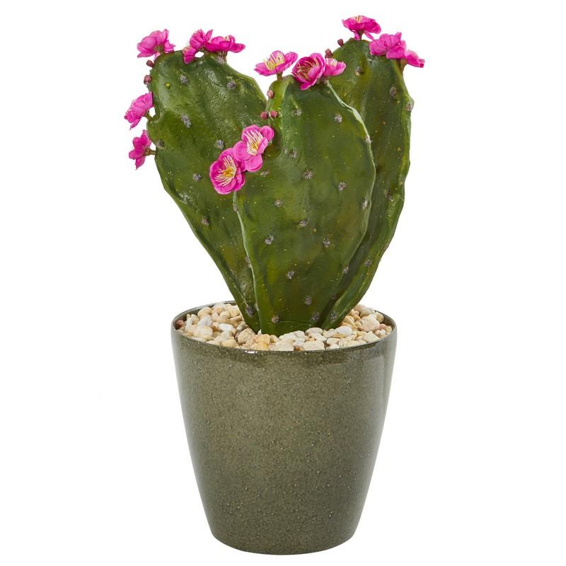 19" Flowering Cactus Artificial Plant in Green Planter