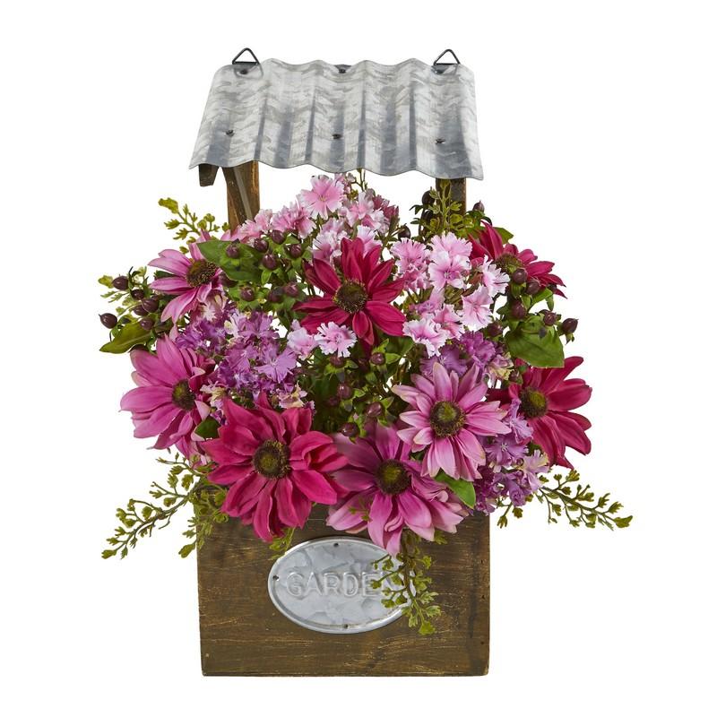 14" Mixed Daisy Artificial Plant in Tin Roof Planter