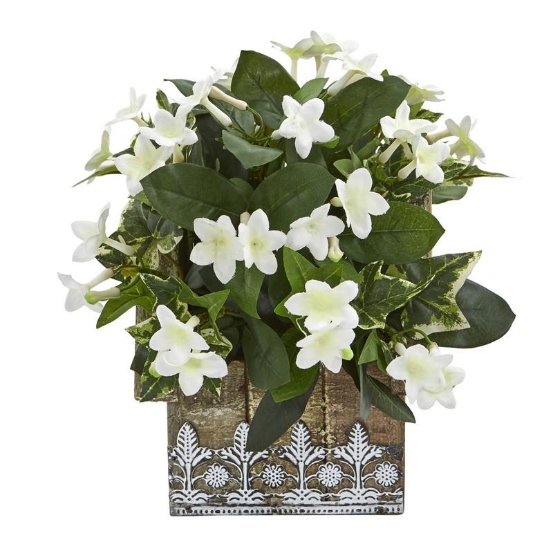 10" Mix Stephanotis and Ivy Artificial Plant in Hanging Floral Design House Planter