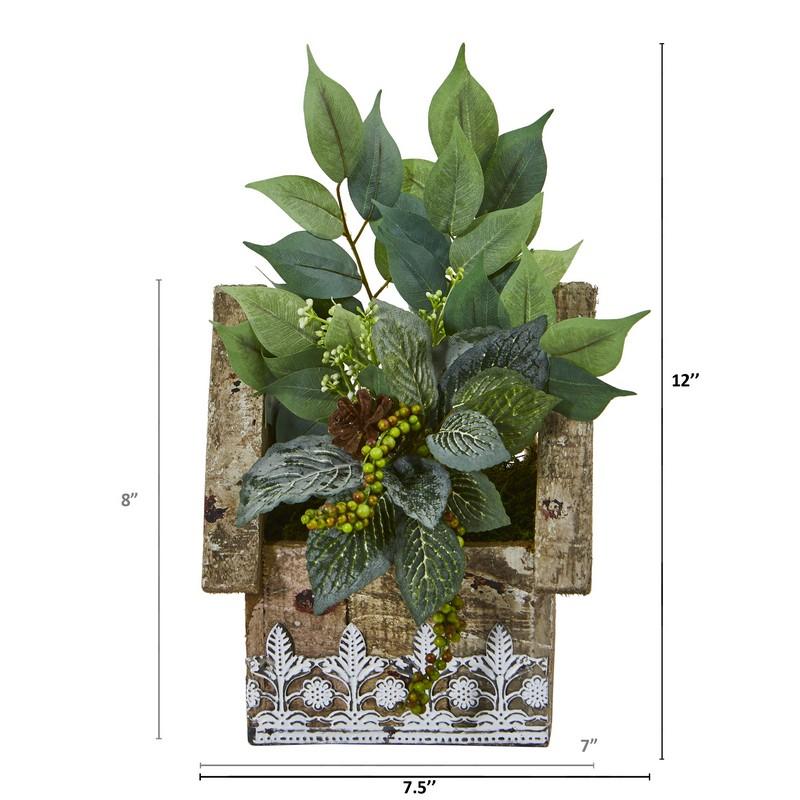 12" Mixed Ficus and Fittonia Artificial Plant in Hanging Floral Design House Planter