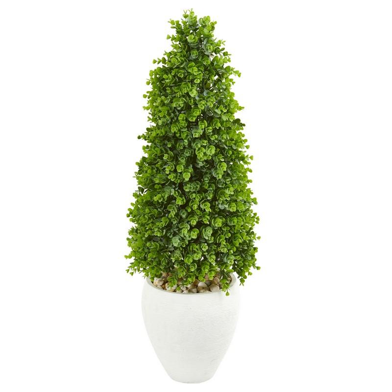 41" Eucalyptus Cone Topiary Artificial Tree in White Planter (Indoor/Outdoor)