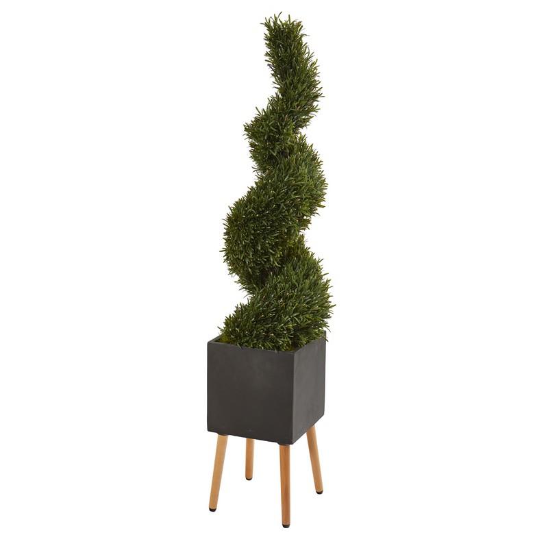 64" Rosemary Spiral Topiary Artificial Tree in Black Planter with Stand (Indoor/Outdoor)
