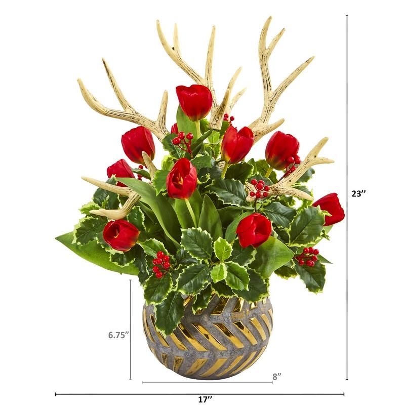 Tulips, Antlers and Holly Leaf Artificial Arrangement in Bowl