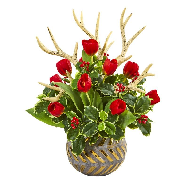 Tulips, Antlers and Holly Leaf Artificial Arrangement in Bowl