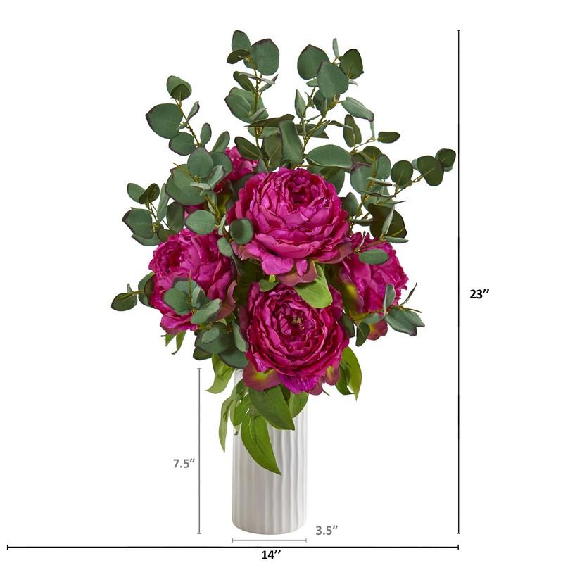 Peony and Eucalyptus Artificial Arrangement in White Vase