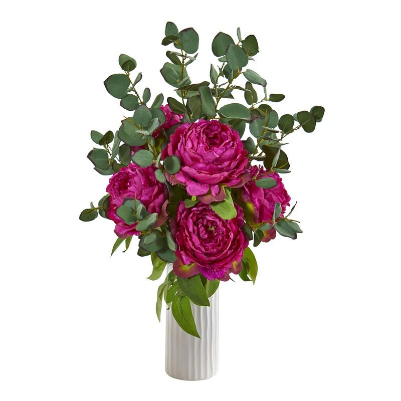 Peony and Eucalyptus Artificial Arrangement in White Vase