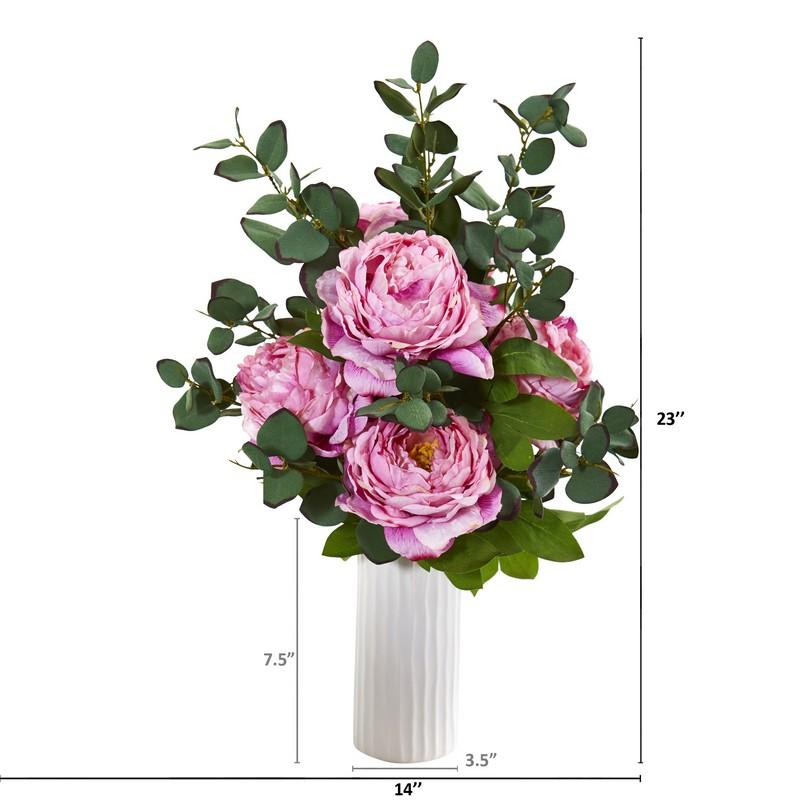 Peony and Eucalyptus Artificial Arrangement in White Vase