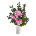 Peony and Eucalyptus Artificial Arrangement in White Vase
