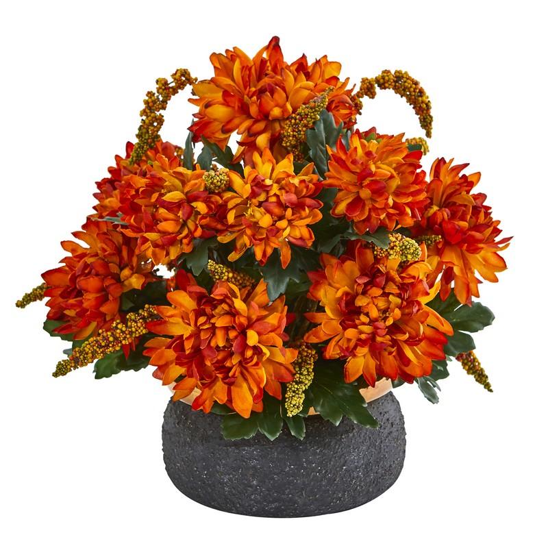Spider Mum and Berries Artificial Arrangement in Stoneware Bowl