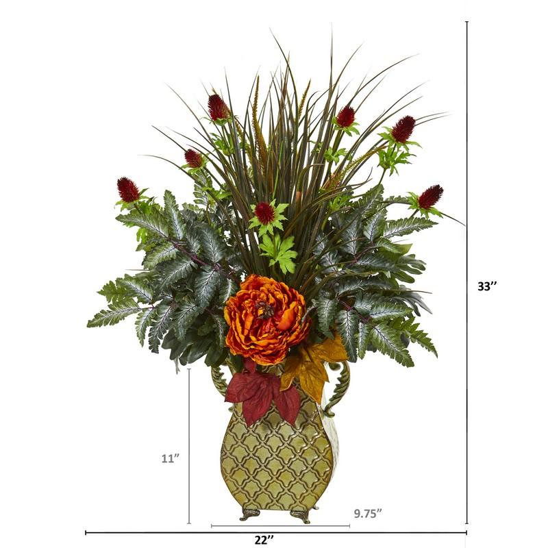 Peony Mixed Greens and Thistle Artificial Arrangement