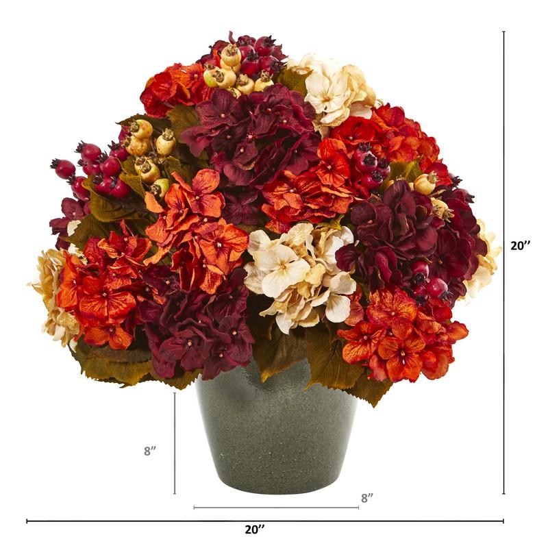 20" Autumn Hydrangea Artificial Arrangement in Green Vase