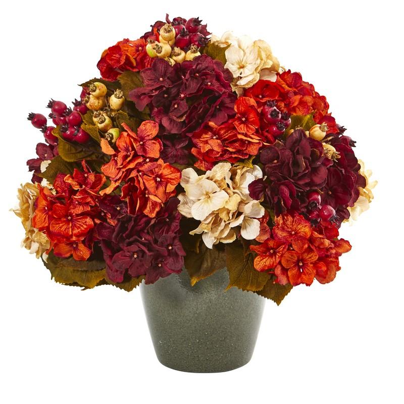 20" Autumn Hydrangea Artificial Arrangement in Green Vase