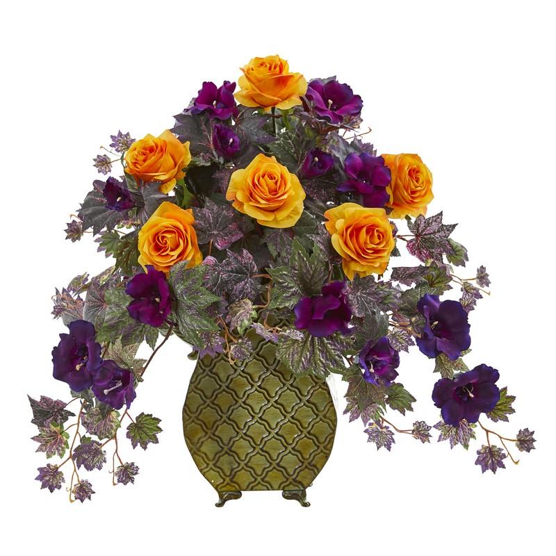 Rose and Gloxinia Artificial Arrangement in Metal Vase