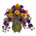 Rose and Gloxinia Artificial Arrangement in Metal Vase