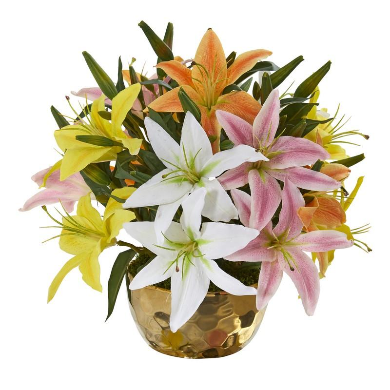Lily Artificial Arrangement in Gold Vase