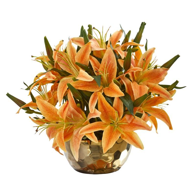 Lily Artificial Arrangement in Gold Vase