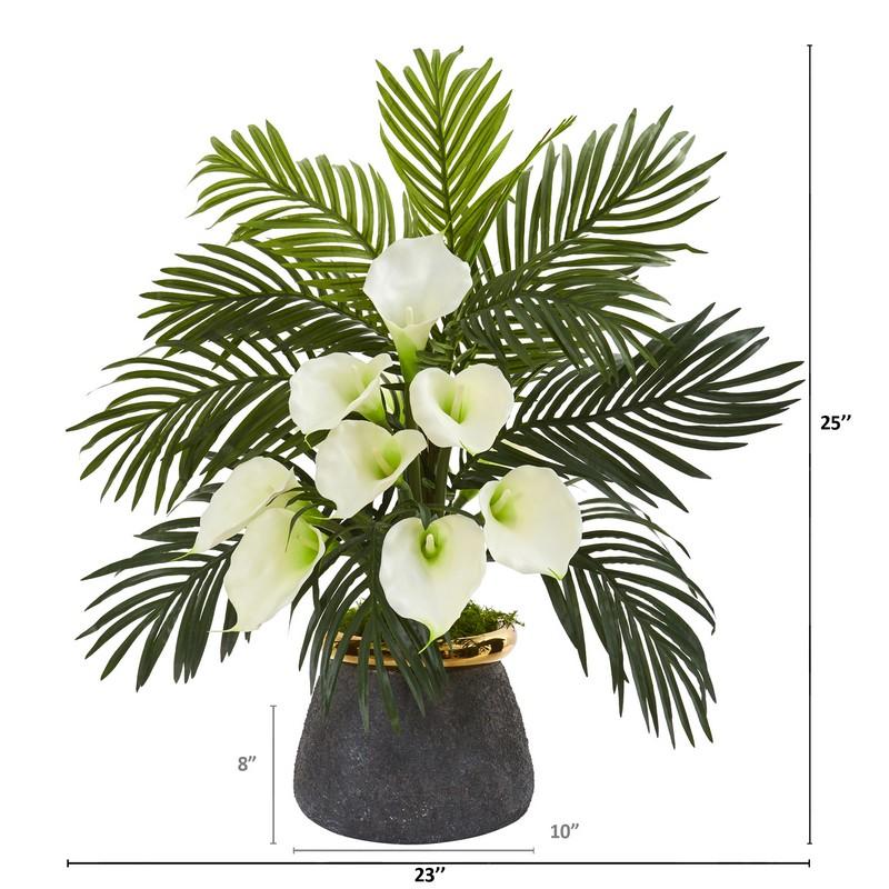 Calla Lilly and Areca Palm Artificial Arrangement in Stoneware Vase