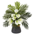 Calla Lilly and Areca Palm Artificial Arrangement in Stoneware Vase
