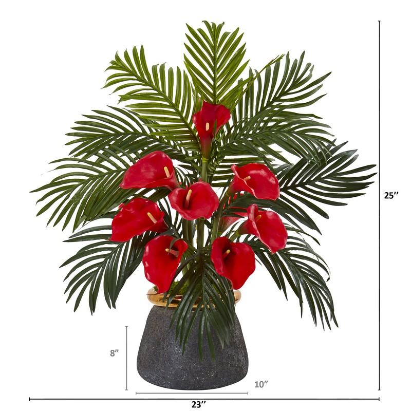 Calla Lilly and Areca Palm Artificial Arrangement in Stoneware Vase