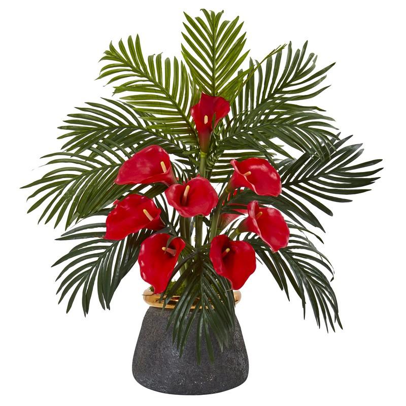 Calla Lilly and Areca Palm Artificial Arrangement in Stoneware Vase