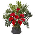 Calla Lilly and Areca Palm Artificial Arrangement in Stoneware Vase