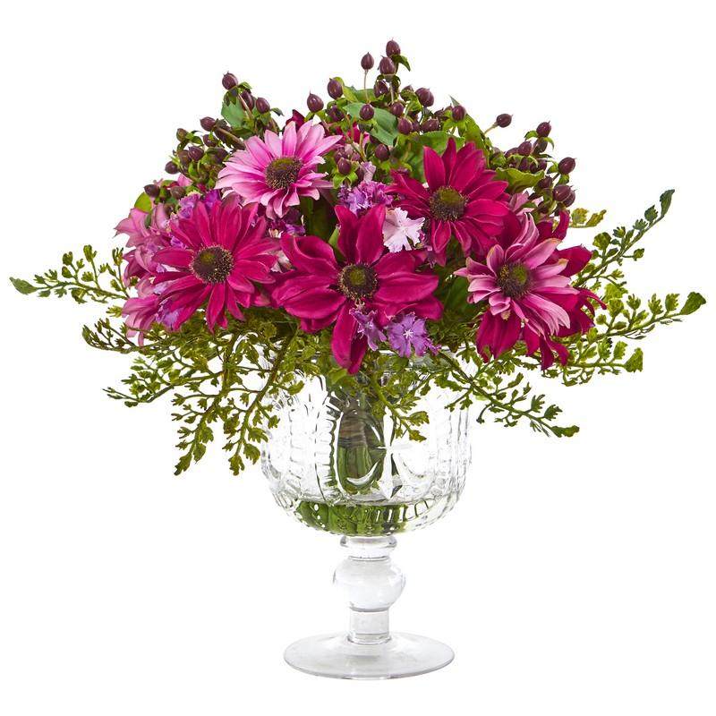 Mixed Daisy Artificial Arrangement in Royal Glass Urn