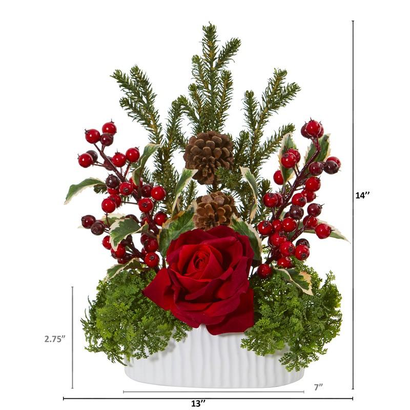 Rose, Holly Berry, Pine & Pinecone Artificial Arrangement in White Vase